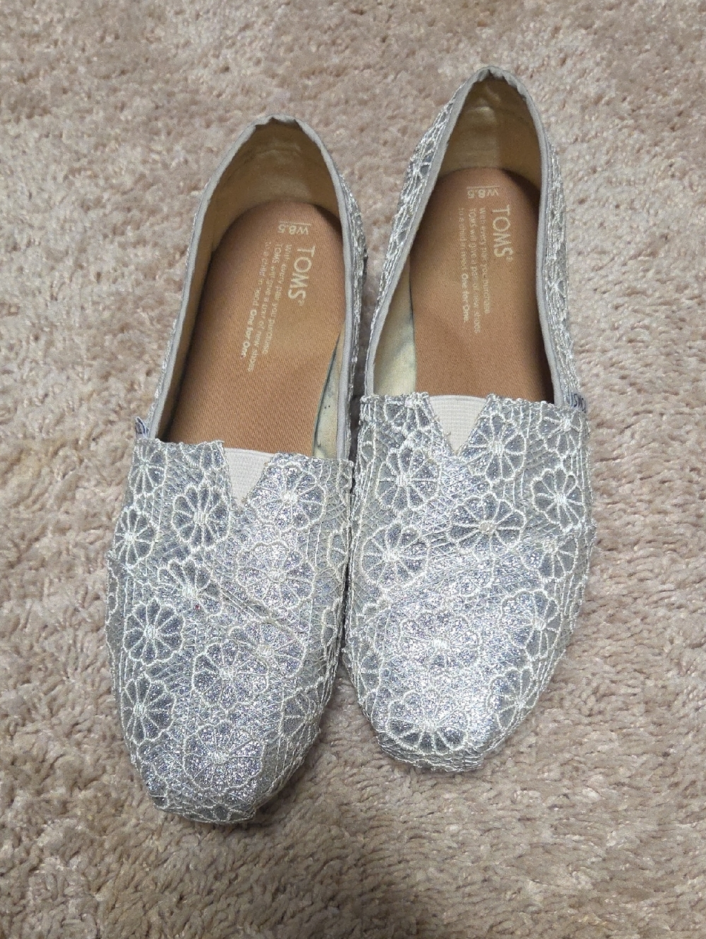 TOMS Silver Floral Lace Slip-On Flats